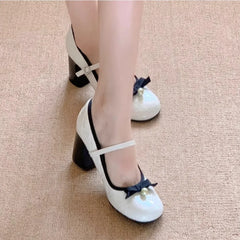LIZAKOSHT - New Thick Heel Mary Jane Shoes Women's Spring Light Mouth High Heels Bow Single Shoes Elegant Pearl Embellished Heels Pumps