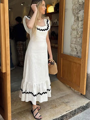 LIZAKOSHT - Women Elegant Contrast Spliced Ruffles Hem Long Dress Fashion Square Neck Backless Sleeveless Robes Female Chic Holiday Vestidos