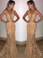 LIZAKOSHT  -  Deep V Gold Sequin Dress Sleeveless Hollow Out Halter Lace Party Gown Sexy Backless Waist Cinched Slim Fit Fishtail Long Dresses