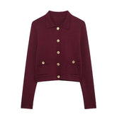 LIZAKOSHT  -  Gold Single Breasted Sweater Knitted Shirt Top Short Skirt Set Women Lapel Double Pockets Knitwear Slim Fit Coat Pleated Skirts