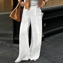 LIZAKOSHT - Women's White Trousers 2025 Fashion Casual High Waist Straight Pants New Y2k Patchwork Office Lady Slim Female Pants