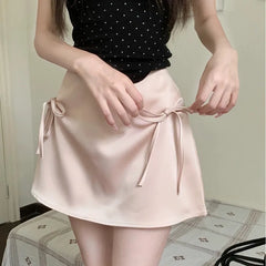LIZAKOSHT - Bow Lace-up Satin Y2k Mini Skirts A-Line Pink Korean Style Skirts High Waist Zipper Sexy Slim Skirts Sweet Short Skirt For Women