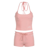 LIZAKOSHT - Sweet and Spicy Tight Hanging Neck Short Top Drawstring Low Waist Shorts Two Piece Set