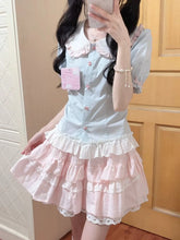 LIZAKOSHT - Y2k Harajuku Vintage Sweet Slim 2 Piece Skirt Sets Kawaii Short Sleeve Blouse + Patchwork Cake Mini Skirts 2000s Lolita Suits