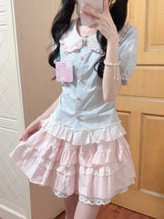 LIZAKOSHT - Y2k Harajuku Vintage Sweet Slim 2 Piece Skirt Sets Kawaii Short Sleeve Blouse + Patchwork Cake Mini Skirts 2000s Lolita Suits