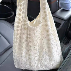 LIZAKOSHT - Y2k Aesthetic Fashion Flower Design Tote Bags All Match Simple Chic Women Underarm Bag Vintage Casual Shoulder Handbags Trendy