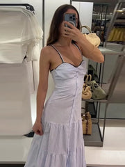 LIZAKOSHT - Fashion Striped Patchwork Slip Long Dress Women Loose Sleeveless Single Breasted A-line Maxi Dress New Chic Street Lady Vestidos