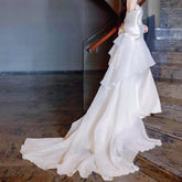 LIZAKOSHT - Strapless Light Wedding Dress A Line Court Train Appliques Satin White Dress Bridal Gown with Bow for Elopement Photoshoot