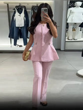 LIZAKOSHT - Elegant O-neck Pin Top Pant 2 Piece Sets Women Fashion Sleeveless Waist Cinching Top Straight Pants Suit Lady Summer Chic Set