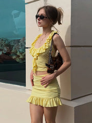 LIZAKOSHT - Yellow Layered Ruffles Skirt Set Women's Sexy Slim Fit Floral Edge Backless Halter Top Set 2025 Summer Vacation Street Outfit