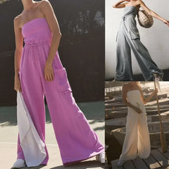 LIZAKOSHT - Strapless Tube Jumpsuit Sleeveless Solid Color Adjustable Drawstring Playsuit Elastic Waistband Slouchy Wide Legs Romper YDL44