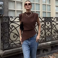 LIZAKOSHT - Fashion Sleeveless T-Shirt Women's Sexy Irregular Pleated Cropped Top 2025 Summer Woman Pullover Round Neck Vest T-Shirt