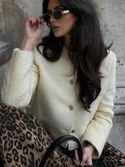 LIZAKOSHT - Women Elegant Tweed Outwears O-neck Long Sleeve Female Short Jackets 2024 Autumn New Fashion Single Breasted Streetwear Coats