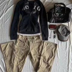 LIZAKOSHT  -  Grunge American Retro Jacket Vintage Design Black Hooded Sweatshirt Spring Autumn Y2k Clothing Slim Tops Letter Sweatshirts New