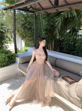 LIZAKOSHT - Woman Dress Bow Sleeveless Slash Neck Mesh Patchwork Princess Sweet Elegant Summer Fashion Party Dresses Female