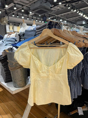 LIZAKOSHT - Yellow Lace Trim T-Shirt Blouse Women Three Buttons Square Neck Puff Sleeve Cotton Tee Shirt Summer Sweet Cute Crop Tops Y2k New
