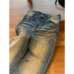 LIZAKOSHT - High Street Vintage Baggy Denim Pants Y2k Embroidered Straight Jeans Wide Leg Trousers Casual High Waist Button Pants For Women