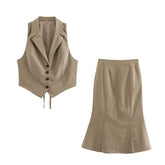 LIZAKOSHT - Women Skirt Suits Solid Turn-down Collar Sleeveless Single Breasted Vest Waistcoats + Female Skirt 2 Piece Suits Sets