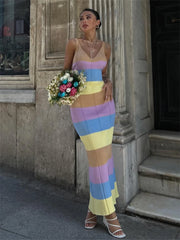 LIZAKOSHT - Summer Fashion Contrast Striped Knitted Long Dress Vacation Casual For Women Sexy V-Neck Sleeveless Backless Dress