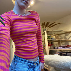 LIZAKOSHT - Vintage Preppy Style Y2K Crop Tops Clothes Cottage Striped Rib Knitted T-shirt Women Long Sleeve Casual Basic Tees Pullovers