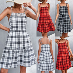 LIZAKOSHT - Womens Summer Casual Sleeveless Swing Knee Length Dresses Ladies Plaid Check Strappy A-Line Sundress For Free Shipping