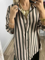 LIZAKOSHT - Turn-Down Collar Simple Fashion Cardigan Shirts, Women Autumn Winter Long Sleeve Striped Blouses, New Patchwork Loose Ladies Top