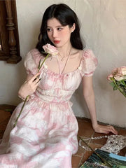 LIZAKOSHT  -  Pink Floral Midi Dress Women French Elegant Dress Even Party Office Lady Boho Beach Style Dress Korean Vintage Summer Chic