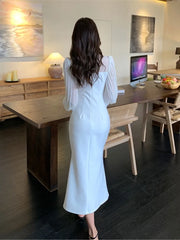 LIZAKOSHT  -  Elegant Princess Solid Mermaid Dress for Women Long Sleeve Floral V-neck High Waist Split Vestidos Vintage French Party Clothing