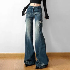 LIZAKOSHT - bell-bottoms Embroidered Star American Retro Women Street Y2K Jeans Wide Leg Loose Stripe All-match Mopping Pants Fashion Street
