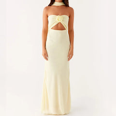 LIZAKOSHT - Women 3D Floral Tube Strapless Maxi Bodycon Dress with Scarf Sexy Club Party Y2k Summer Backless Mesh Long Dresses