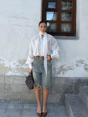 LIZAKOSHT - Commute Ribbon White Shirts Women Loose Puffy Long Sleeves See Through Blouse Female Spring Summer New Chic Streetwears