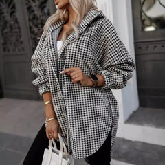 LIZAKOSHT  -  Winter Fashion Thousand Bird Grid Hooded Coat Casual Streetwear Long Sleeve Cardigan Office Vintage Single Breasted Loose Jacket