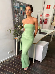 LIZAKOSHT - Sexy Strapless Women Bodycon Maix Dress Elegant Backless Sleeveless Pleated Knot Dresses 2024 Summer Lady Party Club Solid Robes