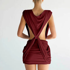 LIZAKOSHT - Elegant Pleate Fit Sleeveless Mini Dress Sexy Deep V-Neck Cross Knot Club Party Dress Casual Solid Off Waist Hug Hig Short Dress