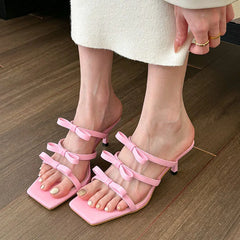 LIZAKOSHT Summer New Bow-knot Women Slipper Fashion Square Toe Slip On Ladies Elegant Sandal Thin High Heel Outdoor Dress Slides