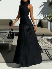 LIZAKOSHT - Female Fashion Black Color Bodycon Long Dress New Summer Sleeveless Split-Joint Pleated Club Elegant Party Dresses