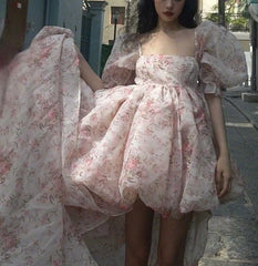 LIZAKOSHT - Tulle Tutu Dress Summer New Waist Slimming Puff Sleeve Square Collar Skirt Women's Clothing