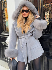 LIZAKOSHT  -  Elegant Lace Up Fur Patchwork Coat Women Loose Solid Long Sleeve V-neck Open Stitch Coats Female Autumn Fashion Jacket