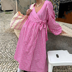 LIZAKOSHT - Summer Belt Lantern Long Sleeve French Dress Women Elegant Striped V Collar Party Dress Spring Floral Print Holiday Long Dress