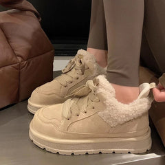 LIZAKOSHT - Fur Platform Women Snow Boots Suede Flats Warm Shoes Casual Ankle Boots Woman Trend Cozy Short Plush Mujer Zapatos