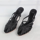 LIZAKOSHT - Summer Hollowed Out High Heels Mules Shoes for Women Luxury Golden Cross Woven Design Formal Party Brand Ladies Modern Sandals