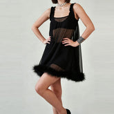 LIZAKOSHT - Sexy U Neck Mesh See-through Mini Dress Elegant Solid Sleeveless Hollow Out Lace Short Dress Hot Girl Black Cocktail Party Dress