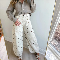 LIZAKOSHT - Polka Dot Jeans Women Y2K Print High Waisted Wide Leg Denim Pants Vintage Stretchy Boyfriend Jeans 90s 00s Streetwear