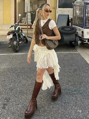 LIZAKOSHT - Lace Tierred Long Skirt Big Flower Decor Irregular Maxi Skirt Bottom Apricot Summer Spring Fashion Holiday Party Skirt