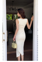 LIZAKOSHT - Sexy Square Collar Midi Dresses Women New Summer Sleeveless Splitting Evening Female Clothes Korean Elegant Party Sundress