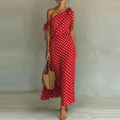 LIZAKOSHT - Trendy Asymmetry Slash Collar Polka Dot Print Dress Elegant Tie Up Hollow Out Slim Dress Temperament Lady High Waist Party Dress