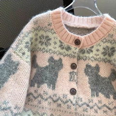 LIZAKOSHT - Kawaii Pink Knitted Cardigan Women Harajuku Cartoon Print Sweater Outerwears Korean Knitwears Winter Fashion Cute Jumpers