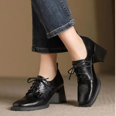 LIZAKOSHT - Women Square Toe Oxford Shoes Chunky Block High Heels Lace Up Leather Pumps Retro British Style Office Ladies Dress Shoes