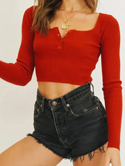 LIZAKOSHT - Women Rib Knitted Open Buttons Round collar Sweater Vintage Exposed navel Short Pullover Knitwear Long sleeve Cropped Jumper