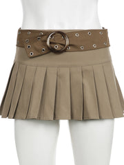 LIZAKOSHT - Sexy Slim A-Line Pleated Skirt With Belt Basic Low-Waisted Super Mini Skirts Women 2024 Summer Fashion Streetwear Ladies
